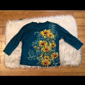 Endless Designs Studded Cotton Sun Flowers Teal Knit Sweater, Size L
